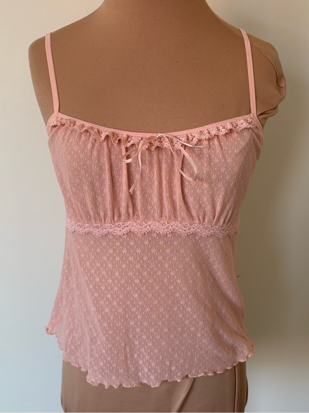 Eberjey Vintage Coquette Pointelle Mesh Sheer Babydoll Camisole Pink Top EUC M/L